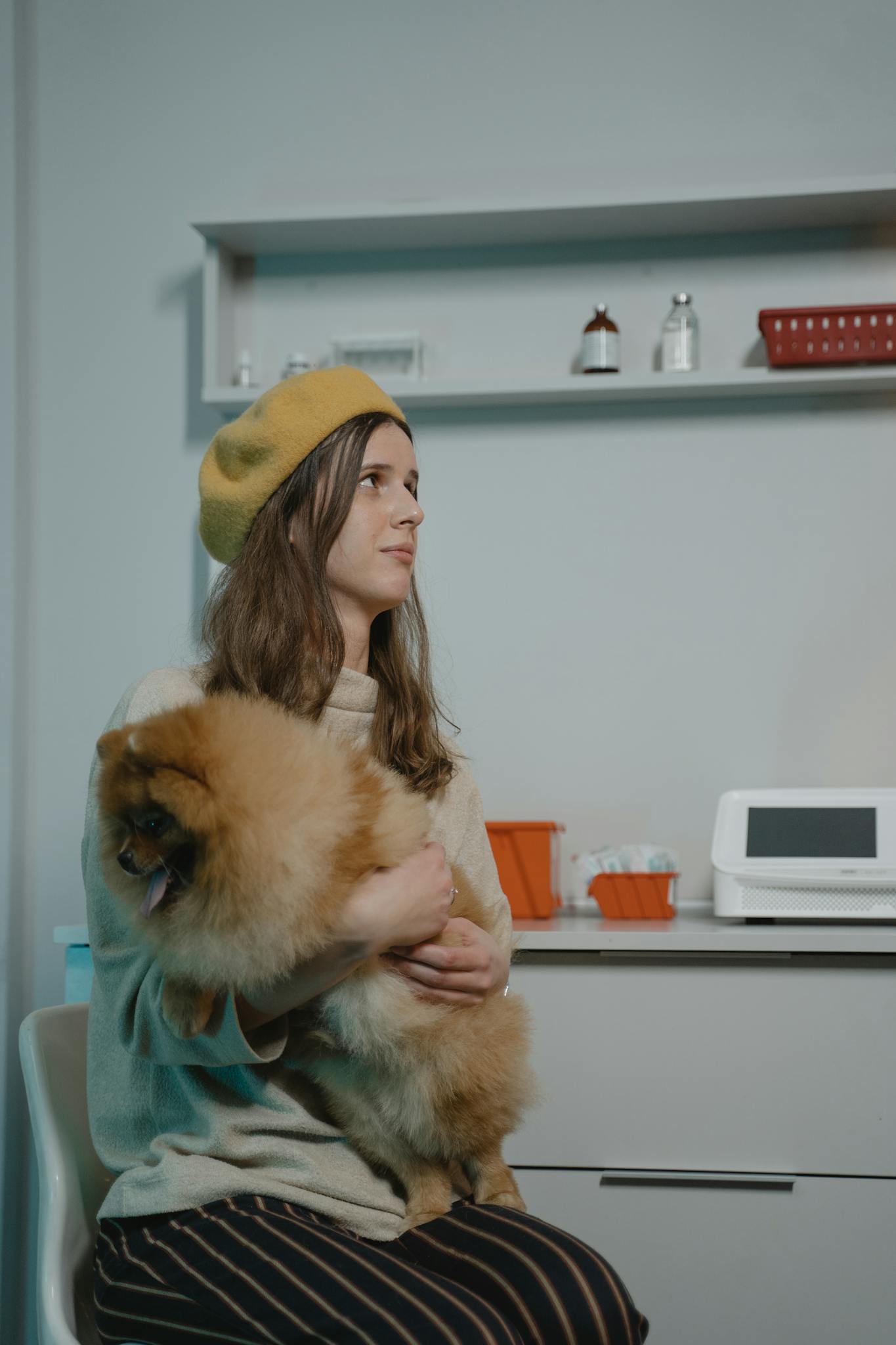 Woman holding a Pomeranian in a veterinary clinic, showing care for her pet.